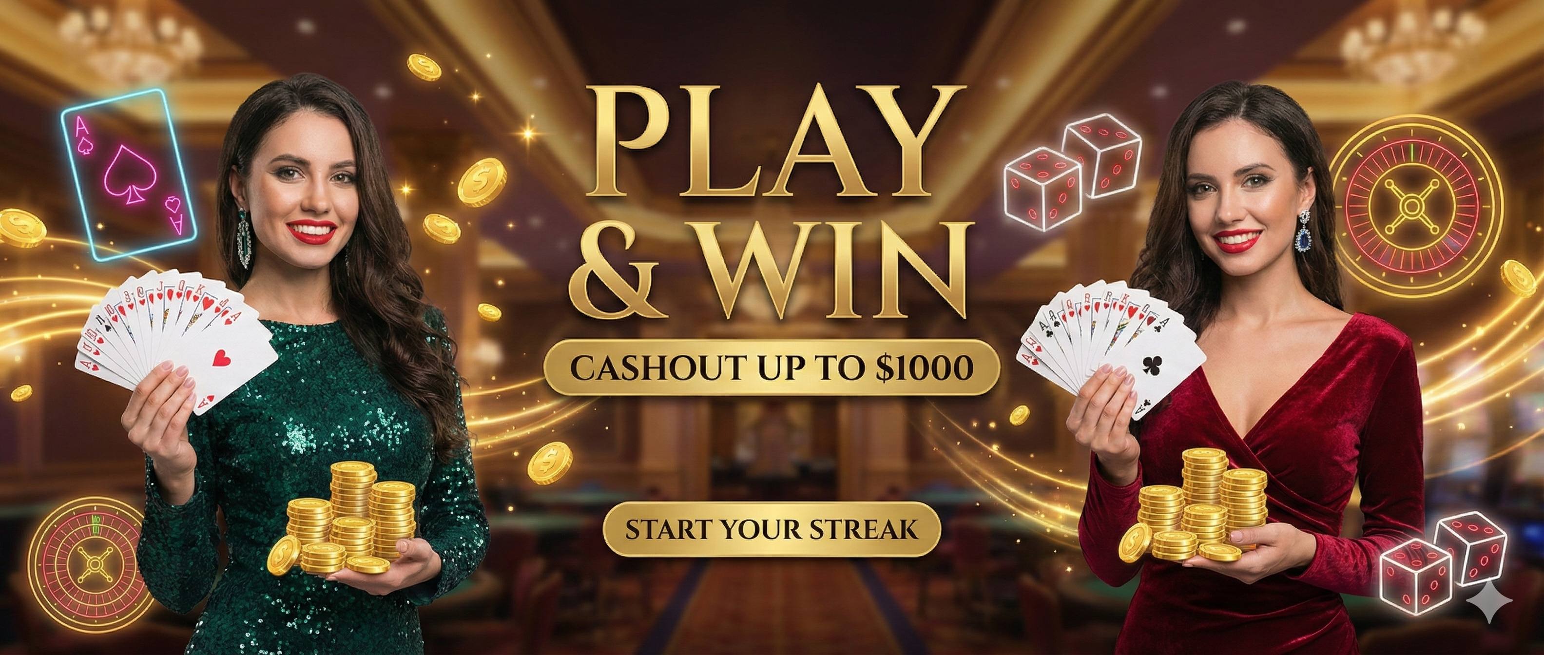 Play & Win - Cashout up to $1000, models in elegant dresses with casino elements