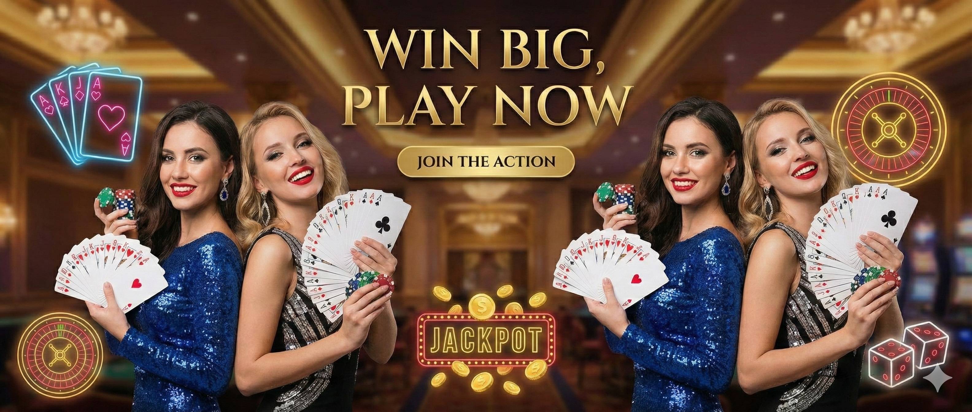 Win Big, Play Now - Casino banner with models, playing cards, roulette wheels, and jackpot sign